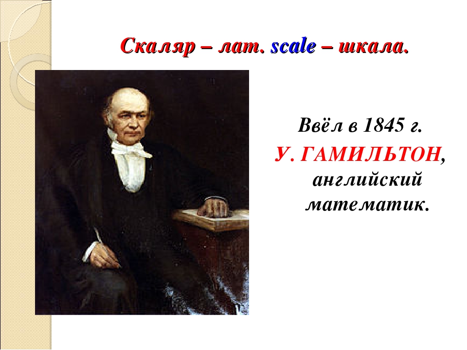 Скаляр – лат. scale – шкала. Ввёл в 1845 г. У. ГАМИЛЬТОН, английский математик.