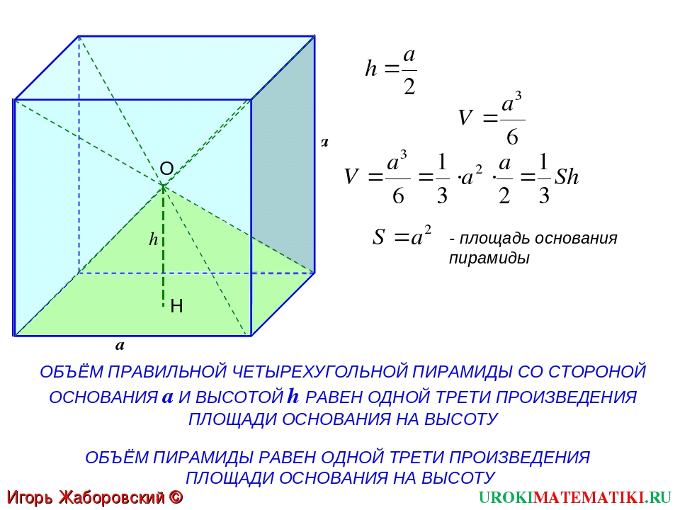 9 объем пирамиды. Обьём правильной четырёхугольной пирамиды. Формула объема правильной четырехугольной пирамиды. Объем правильной четырехугольной пирамиды. Формула нахождения объема правильной четырехугольной пирамиды.