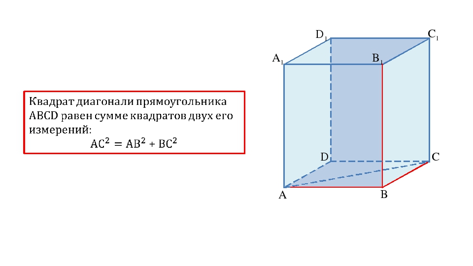 Прямоугольный параллелепипед диагональ. Квадрат диагонали прямоугольного параллелепипеда равен. Прямоугольный параллелепипед диагональ ас1. Квадрат диагонали равен сумме квадратов трёх его измерений. Прямой параллелепипед свойства.